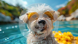 West highland white terrier swims in the river wearing glasses