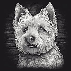 West Highland White Terrier, Westie, engaving style, close-up portrait, black and white drawing, photo