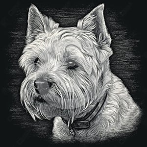 West Highland White Terrier, Westie, engaving style, close-up portrait, black and white drawing photo