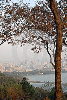 West Lake Xi Hu in Hangzhou, Zhejiang Province, China. View from Baoshi Hill across West Lake to Hangzhou city.