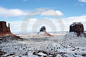 West Mitten Butte, East Mitten Butte, and Merrick Butte after snowfall, Monument Valley, Arizona