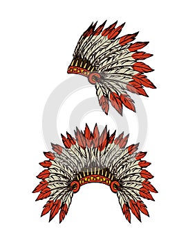 Native American with feathers. Vector drawing