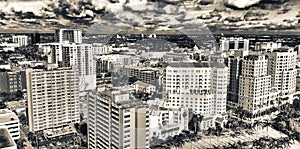 WEST PALM BEACH, FL - APRIL 10, 2018: Aerial city skyline from lake on a wonderful sunny day. The city is a major attraction in