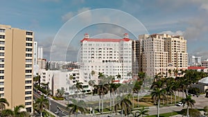 WEST PALM BEACH, FL - APRIL 10, 2018: City skyline aerial view from lake on a wonderful sunny day. The city is a major