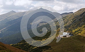 West panorama view from hillside of Kralicka with chata Gen. M. R. Stefanika in Nizke Tatry mountains