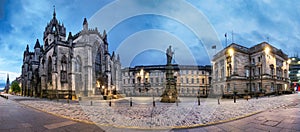 West Parliament square with st giles cathedral at night, panorama - Edinburgh, Scotland photo