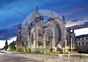 West Parliament square with st giles cathedral at night, panorama - Edinburgh, Scotland photo