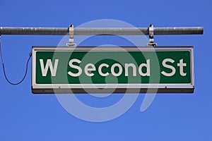 West Second Street sign against blue sky, Reno, Nevada