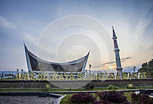 West Sumatra Grand Mosque at dusk, the largest mosque in PadangCity, West Sumatra Province, Indonesia.