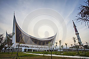 West Sumatra Grand Mosque at dusk, the largest mosque in PadangCity, West Sumatra Province, Indonesia.