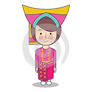 West Sumatra padang province fashion, cute girl Indonesian traditional clothes costume bride cartoon vector illustration