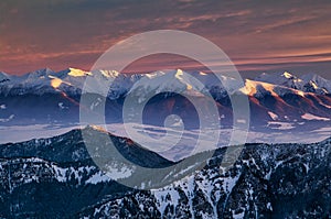 West Tatras mountains during sunrise from Chopok