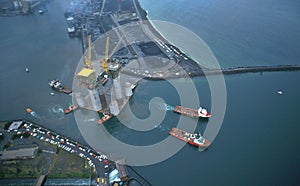 West Tuna is towed out of Port Kembla Harbour aerial image.