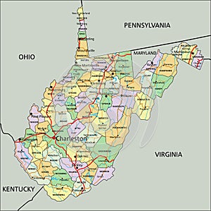 West Virginia - detailed editable political map with labeling.
