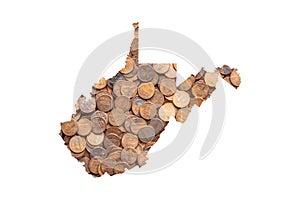 West Virginia State Map Outline and One Cent United States Money Concept, Piles of Coins, Pennies