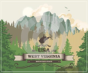 West Virginia travel postcard. Mountain state. USA colorful poster with map