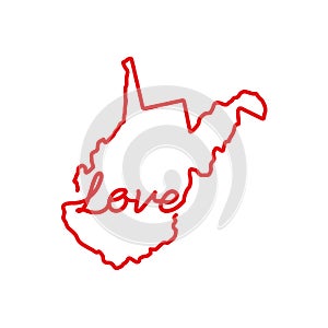 West Virginia US state red outline map with the handwritten LOVE word. Vector illustration