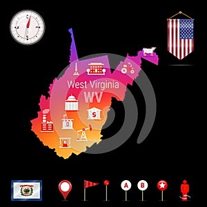 West Virginia Vector Map, Night View. Compass Icon, Map Navigation Elements. Pennant Flag of the USA. Industries Icons