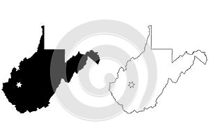 West Virginia WV state Map USA with Capital City Star at Charleston. Black silhouette and outline isolated maps on a white