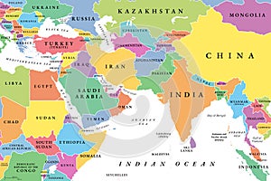 West Asia and South Asia, multi colored political map