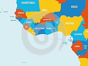Western Africa map - 4 bright color scheme. High detailed political map of western african and Bay of Guinea region with