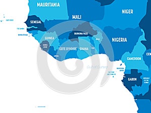 Western Africa map - green hue colored on dark background. High detailed political map of western african and Bay of