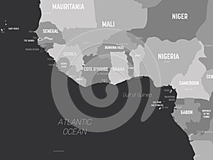 Western Africa map - grey colored on dark background. High detailed political map of western african and Bay of Guinea