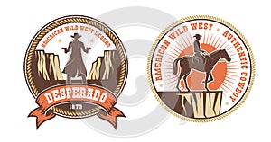 Western American logo with cowboy bandit and horse rider