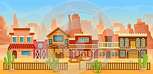 Western American town in desert landscape, cartoon scenery with old houses, home, bar saloon or bank