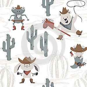 Western animal baby seamless pattern. Wild west bunny, mouse, bear, frog with hat, boot, gun