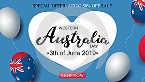 Western Australia Day 3th of June sale celebration banner template australian balloons flag decor. Holiday poster template. Vector