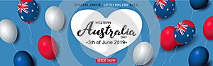 Western Australia Day 3th of June sale celebration banner template australian balloons flag decor. Holiday poster template. Vector