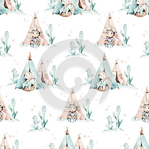 Western baby boy cowboy seamless pattern and teepee tent watercolor illustration. Cartoon and American tribes teepee