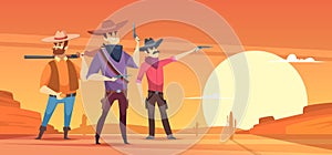 Western background. Dessert silhouettes and cowboys on horses wildlife vector illustrations