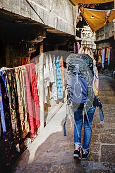 Western backpacker woman exploring India photo