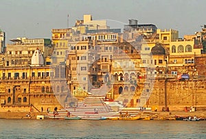 On the western bank of river ganges stands the religious town Varanasi or Kashi or  Benaras. photo