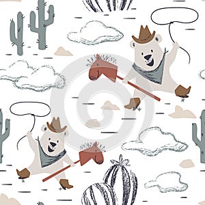 Western bear baby ride horse seamless pattern. Wild west animal with hat, boot, lasso.