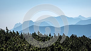 Mountain top panorama in autumn covered in mist or clouds