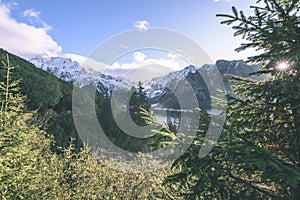 Misty morning view in wet mountain area in slovakian tatra. autumn colored forests - vintage film look