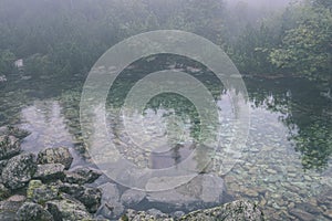 Misty morning view in wet mountain area in slovakian tatra. mountain lake panorama - vintage film look