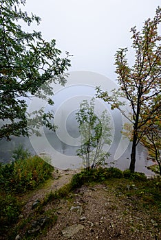 Zahmlený ranný pohľad na mokrú horskú oblasť v slovenských Tatrách