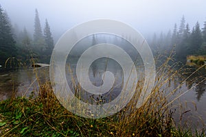 Hmlisté ranné zobrazenie v mokrej horskej oblasti v slovenských Tatrách. panoráma horského jazera