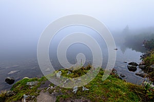 Hmlisté ranné zobrazenie v mokrej horskej oblasti v slovenských Tatrách. panoráma horského jazera