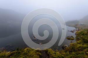 Misty morning view in wet mountain area in slovakian tatra. mountain lake panorama