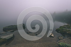 Misty morning view in wet mountain area in slovakian tatra. mountain lake panorama - vintage film look