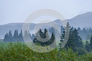 Mountain tops in autumn covered in mist or clouds