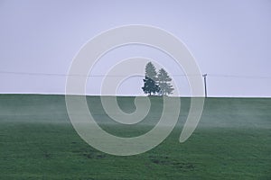 Misty morning view in wet mountain area in slovakian tatra - vintage film look