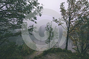 Zahmlený ranný pohľad v mokrej horskej oblasti v slovenských Tatrách - vzhľad vintage filmu