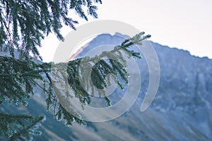 Mountain tops in autumn covered in mist or clouds - vintage ret