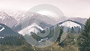 Mountain tops in winter covered in snow - vintage film look